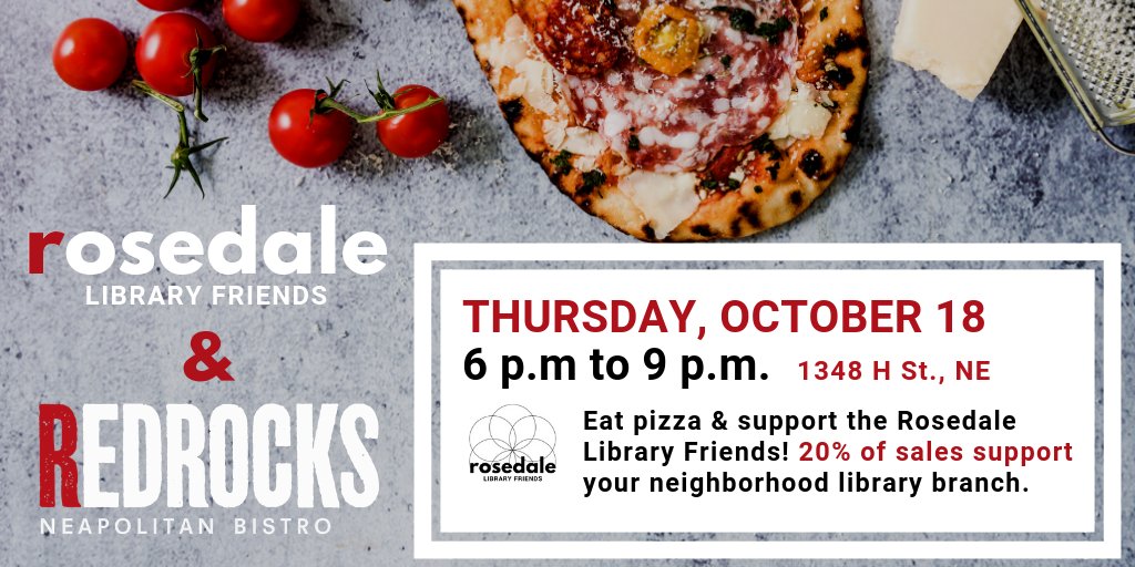 Do you love🍕? Do you love <a href="/dcpl/">DC Public Library</a>? Then we have dinner plans for you! Join us next Thursday <a href="/RedRocksHStreet/">RedRocks H Street</a> - 20% of sales support your neighborhood library branch.