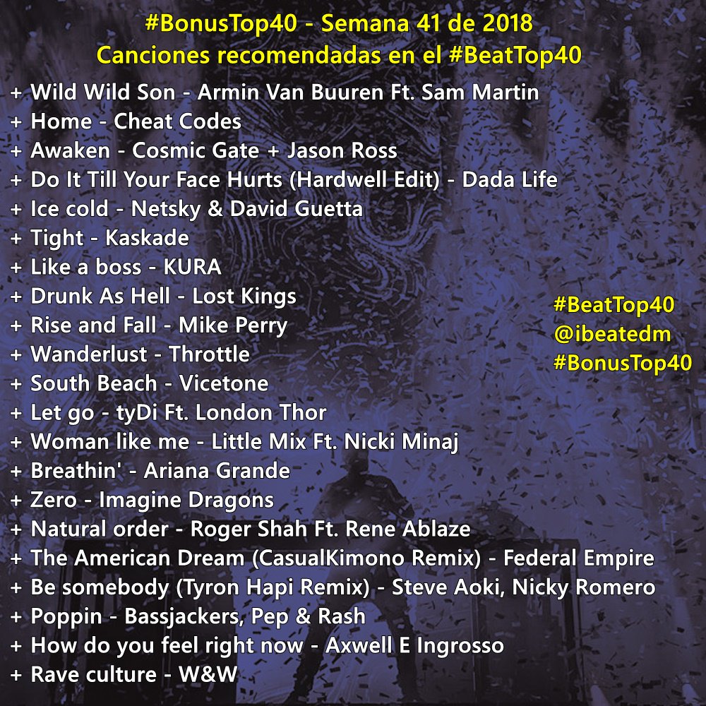 ibeatedm's tweet photo. Canciones recomendadas para la semana 41 de 2018 - ¡Vota por tu favorita! Las que tengan más apoyo, podrían estar en el #BeatTop40 #BonusTop40 #ExtraTop40 @SoloGeneros_ https://t.co/4O9NpgdsZb
