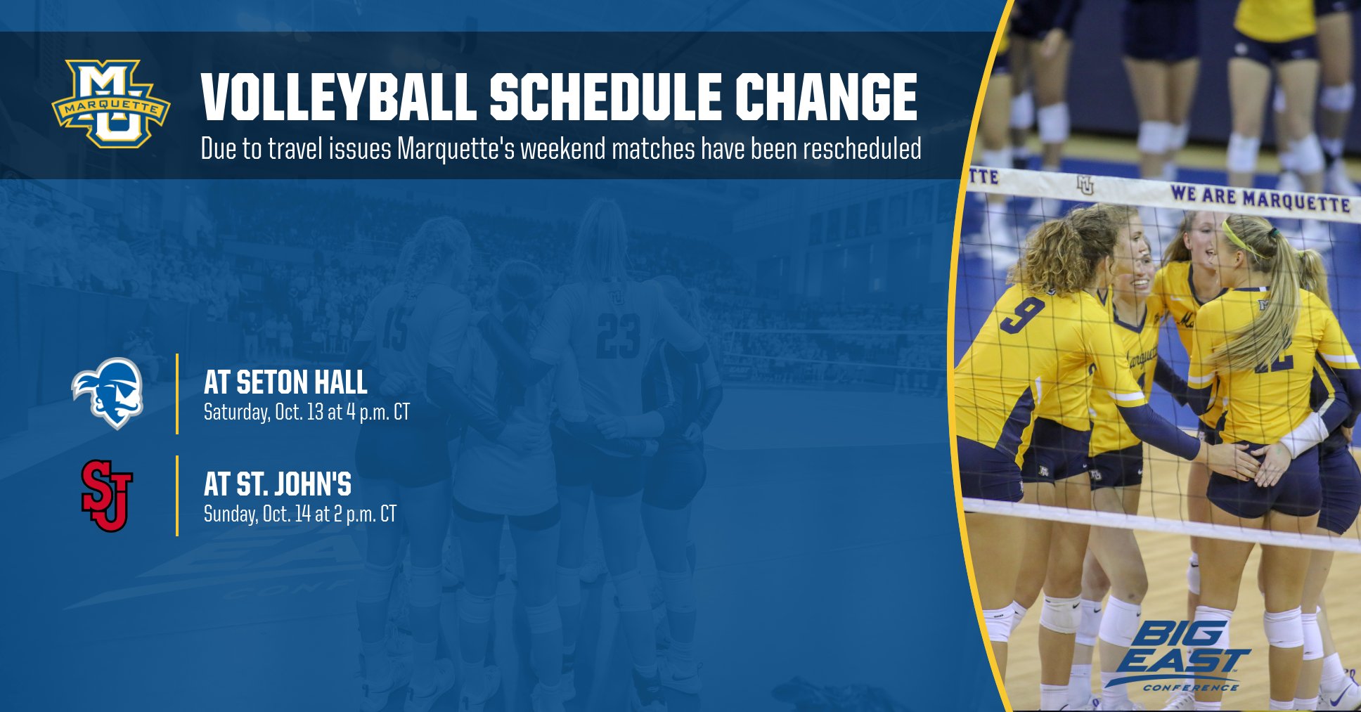 Marquette Volleyball on Twitter "VOLLEYBALL SCHEDULE CHANGE! Due to