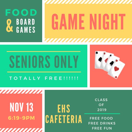 EHSClassof20193's tweet photo. November 13th Seniors come out for game night for free food fun and memories‼️‼️‼️ https://t.co/otmRGRGnAw