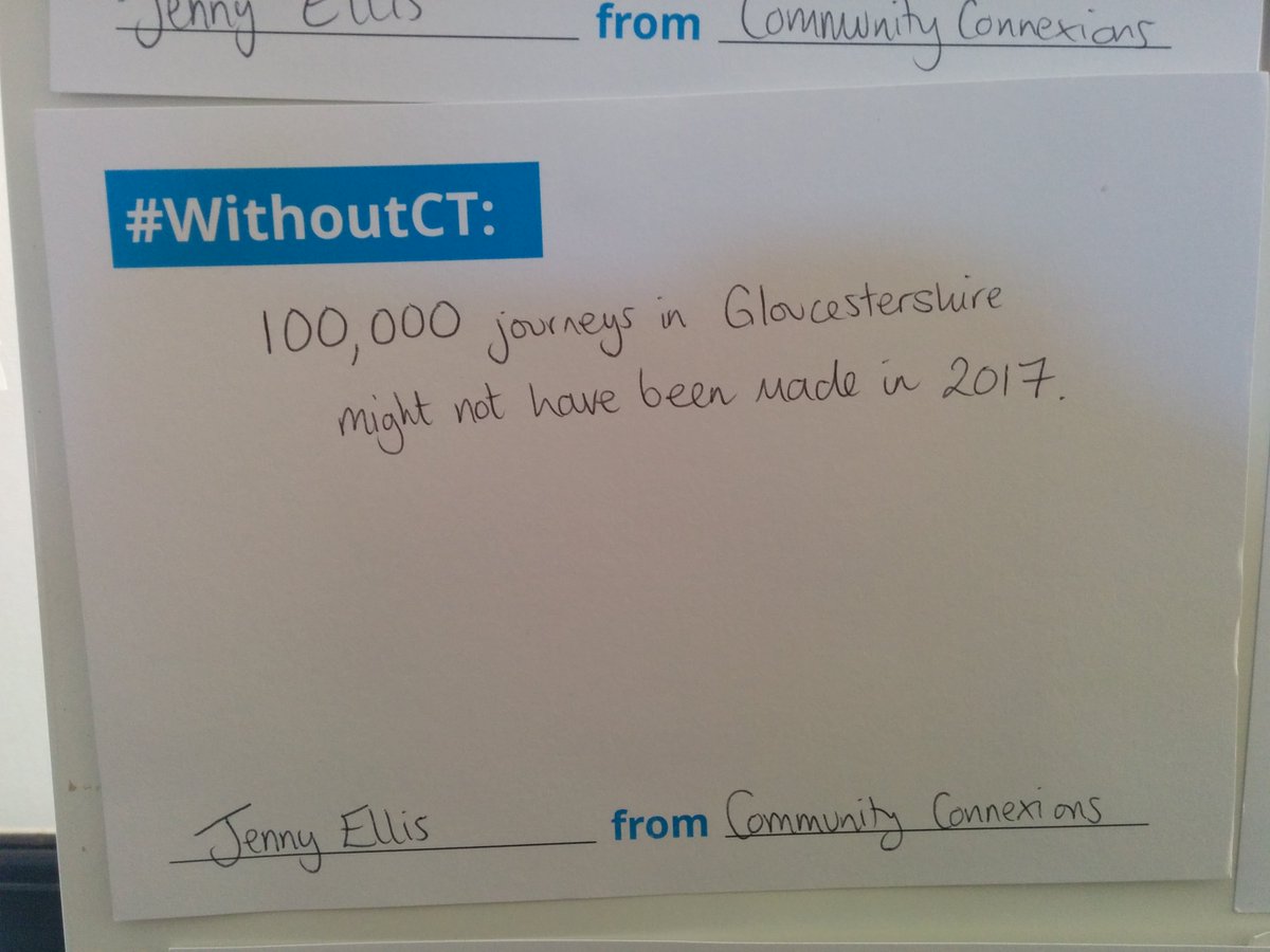 Com_Connexions's tweet photo. #WithoutCT 100,000 journeys in Gloucestershire might not have been made in 2017 #CTARoadshow https://t.co/LWHmLc7C08