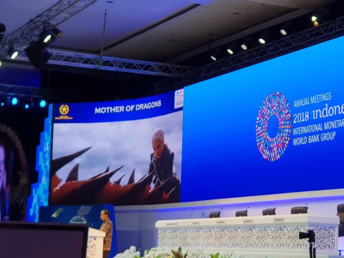 Munkhsoyol_Econ's tweet photo. Have done my "media job" while attending the Plenary Session of the #AnnualMeeting2018. The President of Indonesia explained the trade war using the cases/scenarios of "Game of Thrones". #AMCSO18 #IMFMeetings #WBGMeetings #Bali https://t.co/53dRs8vhLL