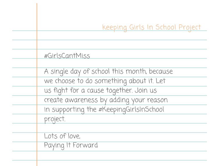 1payingitfoward's tweet photo. #KeepingGirlsInSchool. https://t.co/WS3QFBjdte