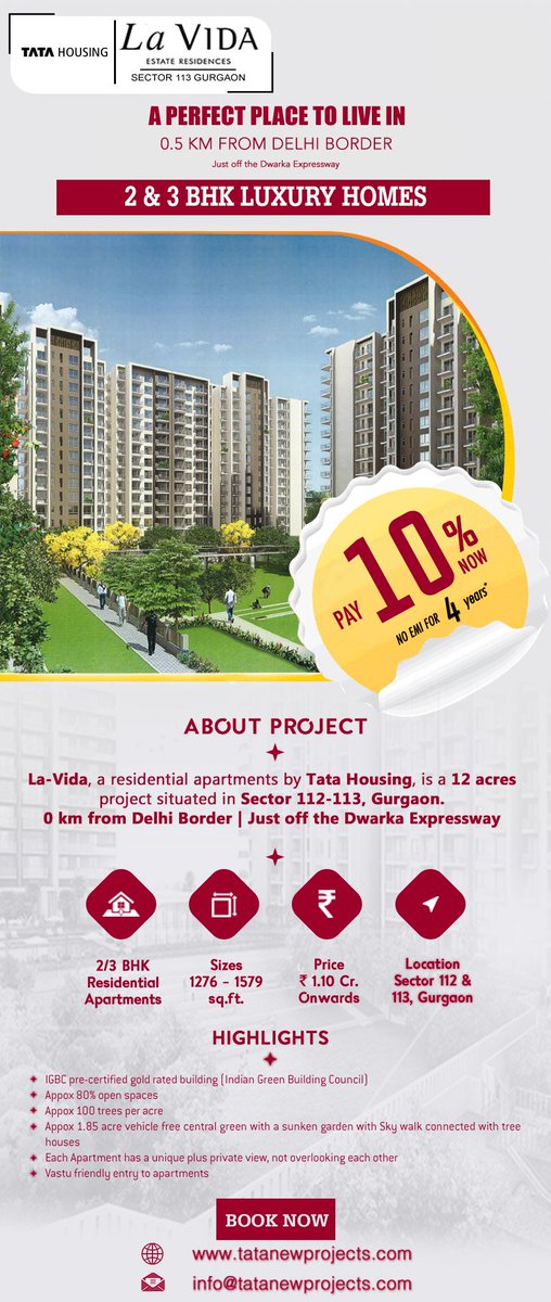 #TataLaVida a residential project located at Sector 113 Gurgaon just a few meters away from Delhi Border &amp; Dwarka Expressway, offering 2 BHK, 2 BHK Large, 2 BHK + Study, and 3 BHK Compact apartments. Read More:- bit.ly/1Sm72tJ