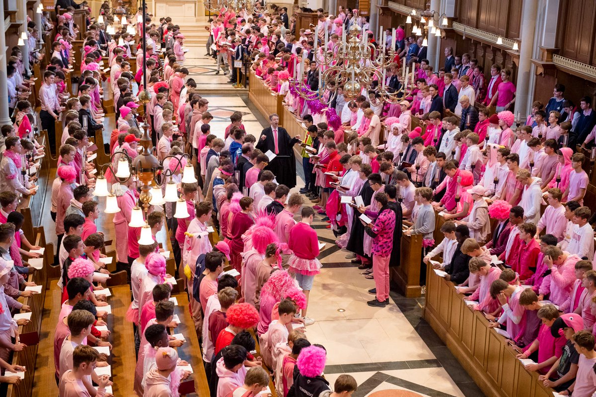 TonbridgeUK's tweet photo. It's Pink Day at the school, which means an array of wonderful outfits are being worn by boys to raise awareness of breast cancer (and other cancers) and help fund research. Even our buildings are getting in on the act and a flag is flying with the all-important message ... https://t.co/wJbx23QF8c