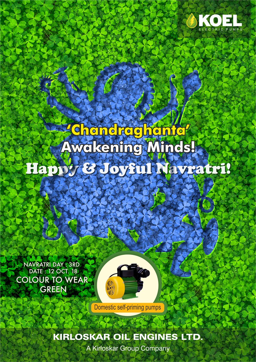 #KOEL Celebrating this Nine Days with Nine Colors of Devotion.
Todays Color: Green
#NineDays #NineColors #SelfPrimingPump #DomesticPumps #NoCompromiseService #KOELpumps #KirloskarOilEnginesLtd #Bestperformance