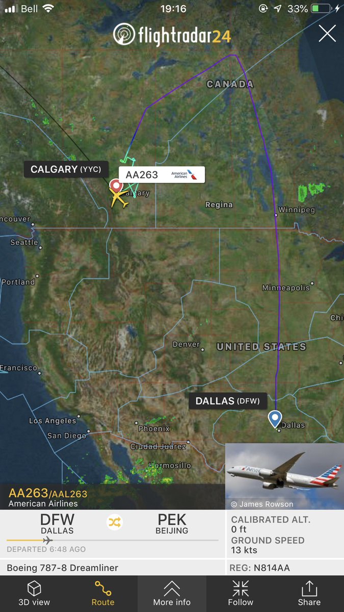 TomPodolec's tweet photo. Update
American Airlines #AA9647 just departed Dallas & heading to Calgary. This is the replacement aircraft for #AA263 to Beijing that diverted to Calgary for medical & mechanical problems. Planned to depart around 7AM & continue their journey to Beijing.
https://t.co/qNnmWakKjy https://t.co/2wMO5zXbDC
