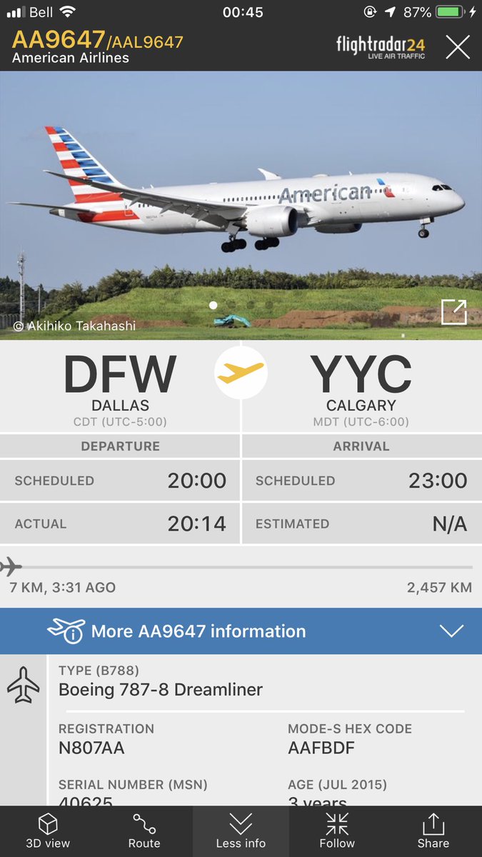 TomPodolec's tweet photo. Update
American Airlines #AA9647 just departed Dallas & heading to Calgary. This is the replacement aircraft for #AA263 to Beijing that diverted to Calgary for medical & mechanical problems. Planned to depart around 7AM & continue their journey to Beijing.
https://t.co/qNnmWakKjy https://t.co/2wMO5zXbDC