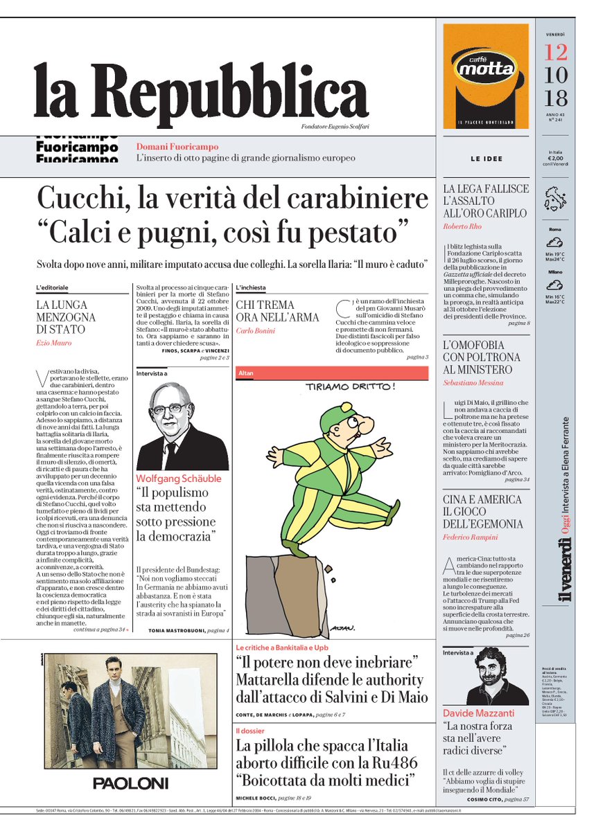 #Cucchi, la verità del carabiniere: “Calci e pugni, così fu pestato” - La prima pagina di #Repubblica 🗞 di oggi larep.it/2PsaAOM #12ottobre #primapagina