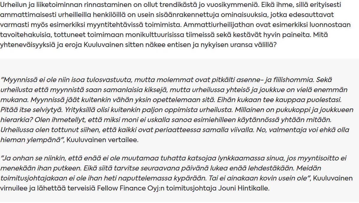 Branden sivuilta löytyy nyt tarina siitä miten <a href="/KTuottaja/">Kaupallinen tuottaja by Brande</a> koulutus jeesasi käyttäjän <a href="/TKuuluvainen/">Timo Kuuluvainen</a> ammattiurheilijasta myynnin ammattilaiseksi (@FellowFinanceFi). Mitä yhtäläisyyksiä velipoika näkee sportin ja bisneksen välillä? Entä mitä eroja? Tsekkaa:  
brande.fi/kaupallinen-tu…