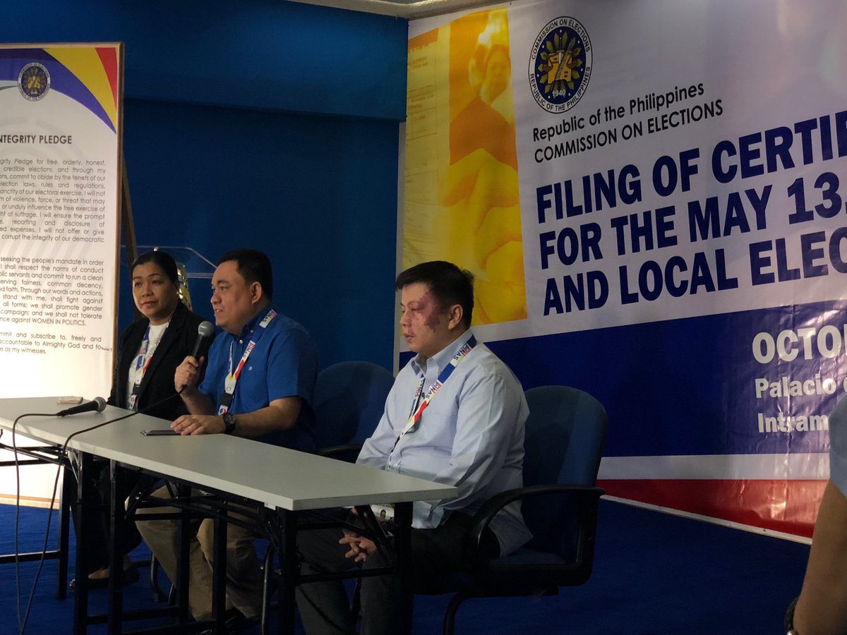 dirfrancesarabe's tweet photo. ATM: COMELEC Chairman Sheriff M. Abas with Law Department Directors Norina Casingal and Rex Laudiangco in a presscon. ⁦@COMELEC⁩ #NLE2019 #COCfiling2019 https://t.co/I2x17mVVQ0