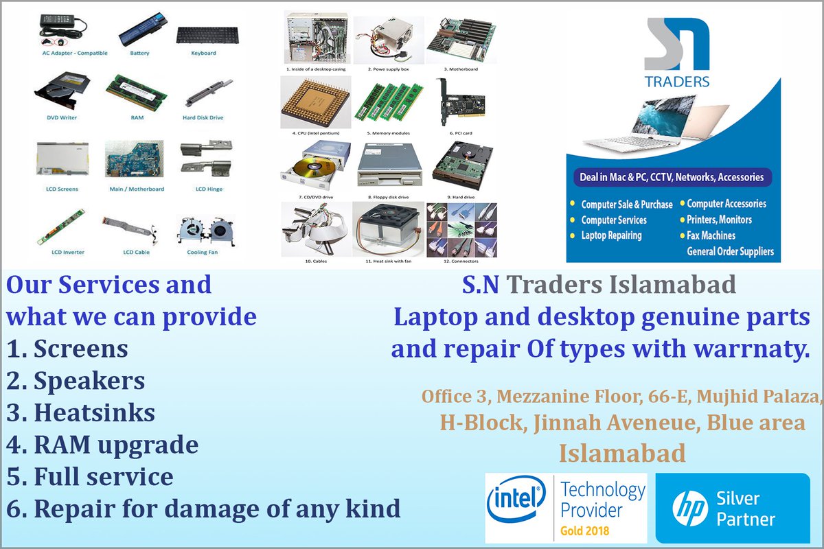 sncomputer's tweet photo. We deal in all kinds and types of laptop or desktop repair parts. 

Lines = 051-280-300-6, 051-212-014-8
email = info@sntraderspk.com

Office-3, Mezzanine floor, Mujahed plaza, H-Block, Jinnah Avenue, Blue area, Islamabad.
#gaming #office #laptops #desktops #printers #accessories https://t.co/PkfZO622Xu