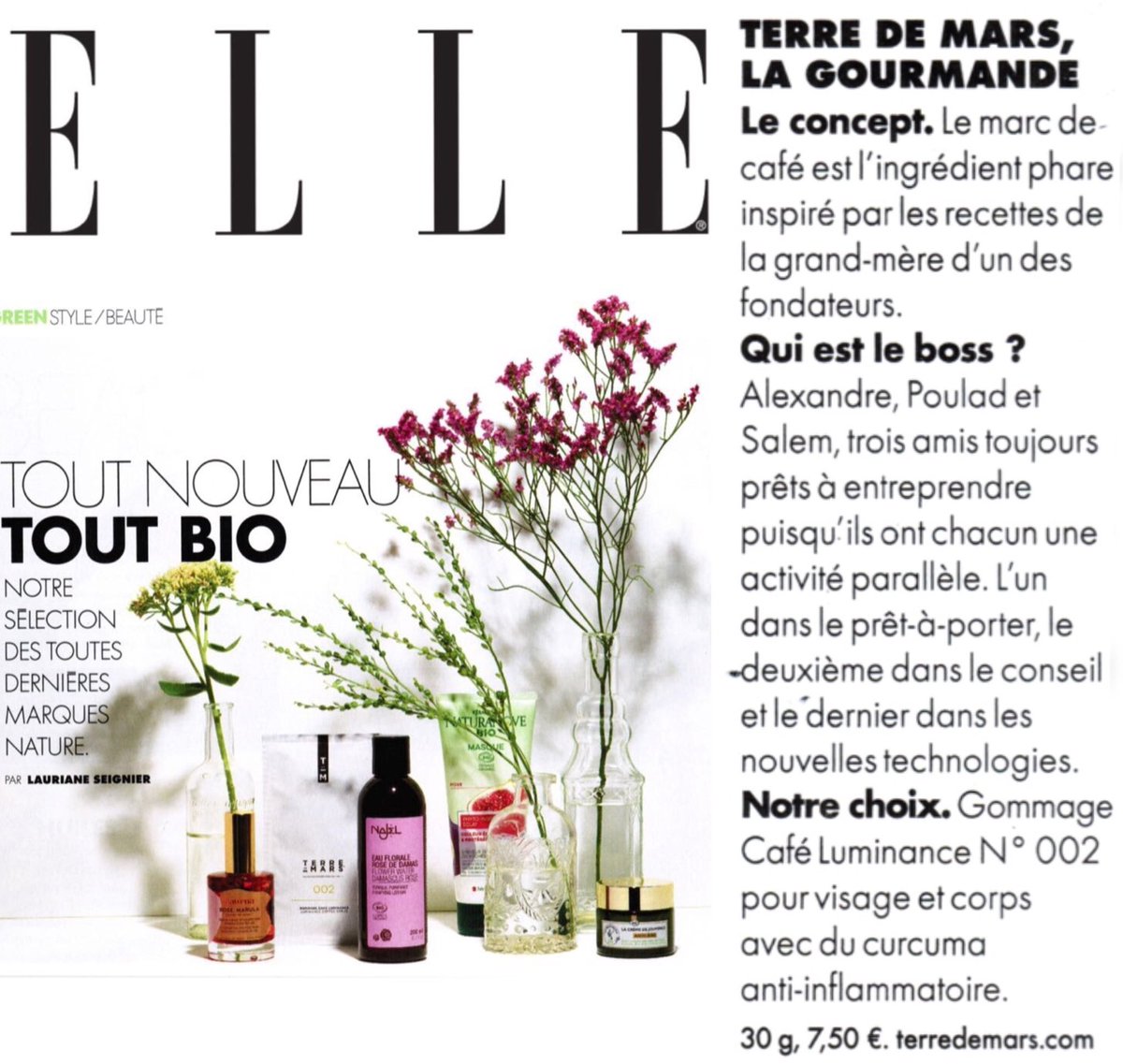 Featured in <a href="/ELLEfrance/">ELLE</a> ! #terredemars #madeinfrance🇫🇷 #coffeescrub #cleanbeauty #veganskincare #ecocert #cosmebio #crueltyfreeskincare #beauty #skincareroutine #exfoliate #hydrate #nicheskincare