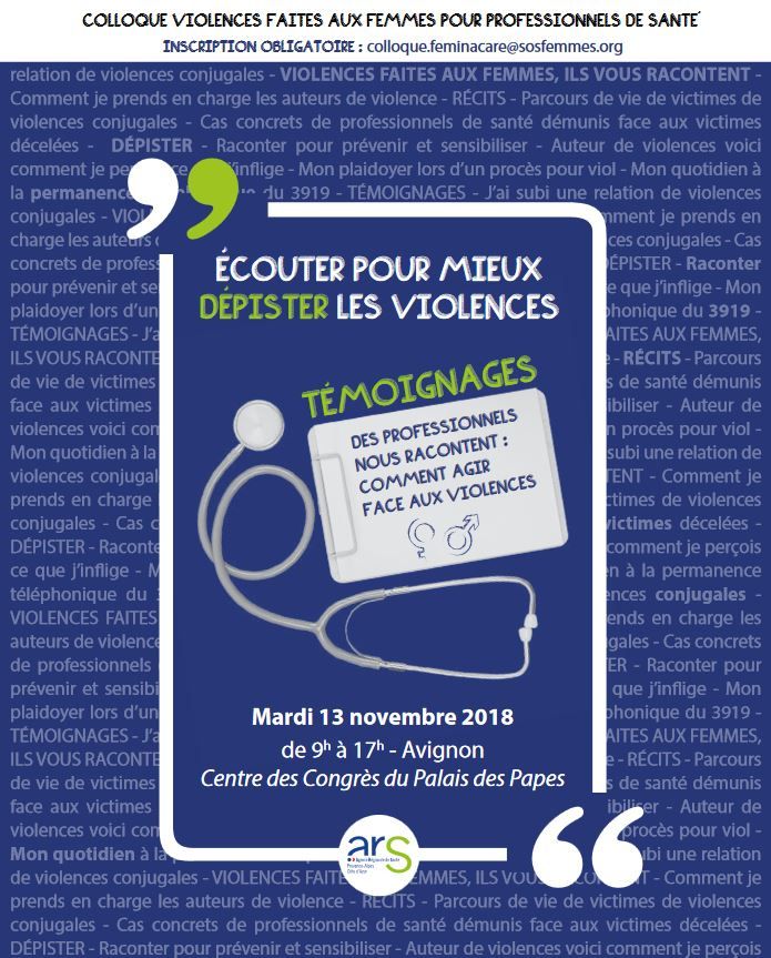 ARSPaca's tweet photo. 📅 Le 13 novembre à Avignon, RDV au colloque #Feminacare organisé par l’association #SOSFemmes avec le soutien de l’#ARSPaca, pour sensibiliser les professionnels de #santé au repérage des violences faites aux #femmes
➕ Inscriptions et programme : https://t.co/ISup9teWx9 https://t.co/rUXQKAMivC
