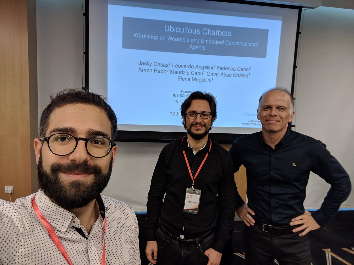 humantech_insti's tweet photo. L'institut HumanTech de la @HEIAFR @hes_so, représenté par @jackycasas_ et @leonangeling, organise actuellement un workshop sur les #chatbots durant la conférence @ubicomp à Singapour en compagnie du professeur Jean-Claude Martin du @LimsiLab ! #UbiComp2018 https://t.co/Hzd2kjBzwq