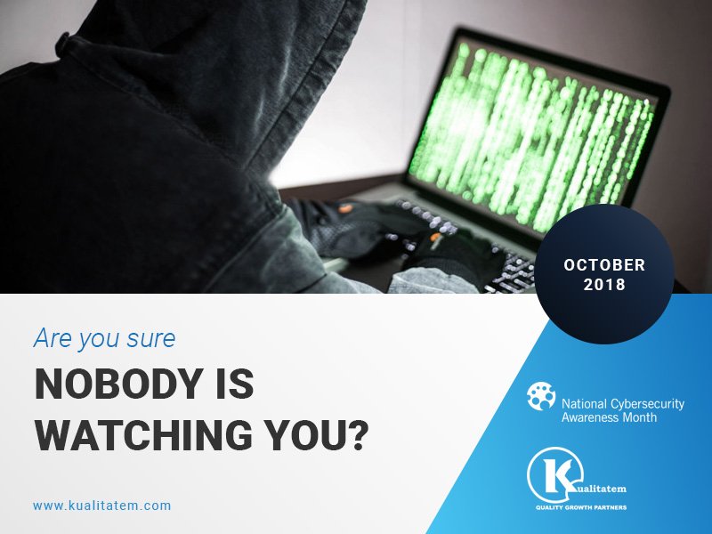 Kualitatem's tweet photo. Are you sure your online activities aren't being watched?
Be alert.
#CyberSecurityAwareness2018 #October #Kualitatem #Riskmanagement #CyberSecurity #DataSecurity #WebCams #IPcams #DataIntegrity #StaySafeOnline #CyberCrimes https://t.co/2hozKFIyJ7