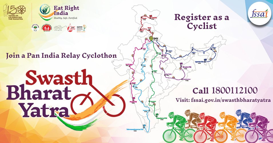 fssaiindia's tweet photo. Taking care of your health is like riding a bicycle. To balance it right, you must keep moving. FSSAI to flag-off Swasth Bharat Yatra on October 16, 2018, for creating awareness around Eat Right India.

Volunteer now at https://t.co/lT7ZZBfVsJ … or call on 1800112100. https://t.co/J0hxjT9og0