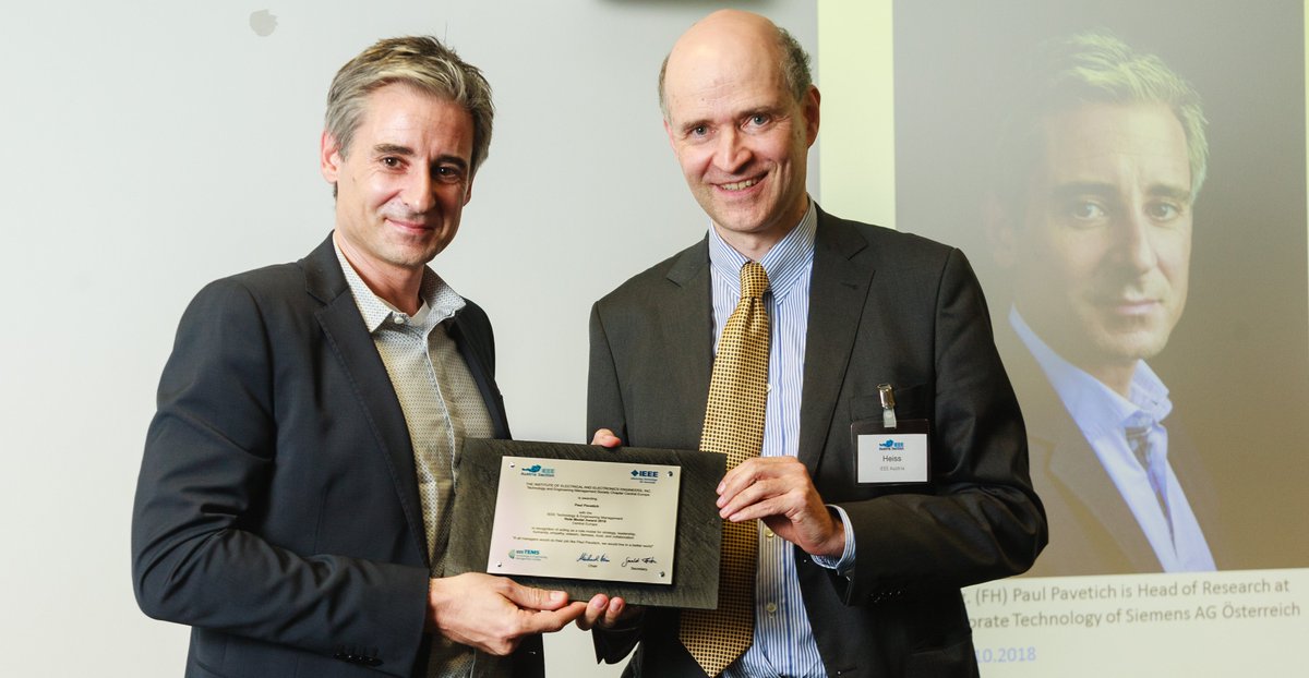 heisss's tweet photo. Handing over the #IEEE Role Model Award 2018 for #Technology and #Engineering #Management to Paul Pavetich (head of Research Corporate Technology @Siemens_Austria) "If all managers did their job like Paul Pavetich, we would live in a better world"  https://t.co/UEw37Z83VX https://t.co/mSi6eHi12l