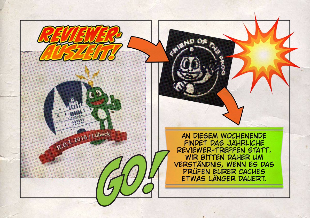 Reviewer Auszeit!
An diesem Wochenende ist mit verstärktem Publish-Stau zu rechnen. Ca. 50 Reviewer sind „on Tour“ zum jährlichen Reviewertreffen. 

Wer kommen mag, ist herzlich eingeladen:
geocaching.com/geocache/GC6QD…