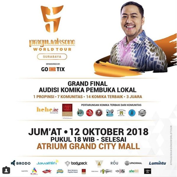GrandCitySBY's tweet photo. Jangan lewatkan "Pragiwaksono" World Tour, pertarungan komika terbaik Jawa Timur! hanya di Atrium @GrandCitySBY
Mall, 12 Oktober 2018, pkl 18.00 WIB! #mygrandcity #promo #shopping #Pragiwaksono #WorldTour #Surabaya #UpdateEvent #October https://t.co/kag5vDQOJY