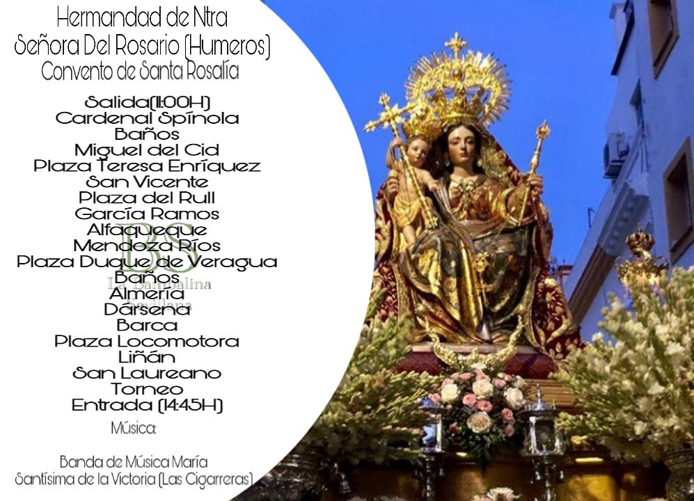 📒AGENDA||

📜 Salida Procesional de Ntra Señora Del Rosario (Humeros) 

🕛11:00H - 14:45H

📍Convento Santa Rosalía

🎷 BM 'Cigarreras' 

🔨🔨🔨 Hermanos Gallegos

#TDSCofrade