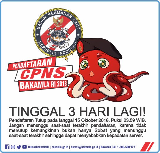 HumasBakamlaRI's tweet photo. #SobatKamla 3 Hari Lagi pendaftaran CPNS 2018 di portal https://t.co/s3md30bnat akan di tutup, pada 15 Oktober 2018, 23.59 WIB. Ayo segera daftar dan lengkapi berkas lamaran Anda sesuai dengan kebutuhan masing-masing instansi yang Anda lamar. #2019JadiASN #ASN2019 #ASNBakamlaRI https://t.co/XxP8FvbDMN