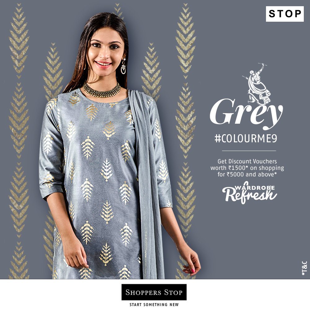 shoppersstop's tweet photo. Wear this printed grey suit tomorrow and become a festive diva. Visit our stores to get the hottest festive trends! Get Discount Vouchers worth ₹1500 on shopping for ₹5000 and above* along with exciting cashbacks and discounts.* #ColourMe9 #Navratri #Grey #WardrobeRefreshWithSS https://t.co/4uWeIAenig