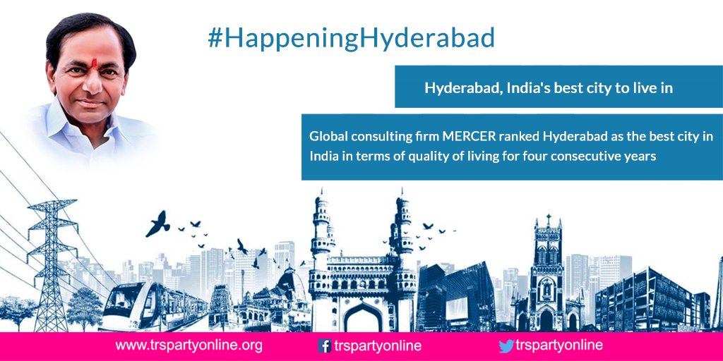BRSparty's tweet photo. Since the formation of the Telangana state, Hyderabad has been Ranked the best.
#HappeningHyderabad
#TelanganaWithKCR https://t.co/VRoTAYj7Oh