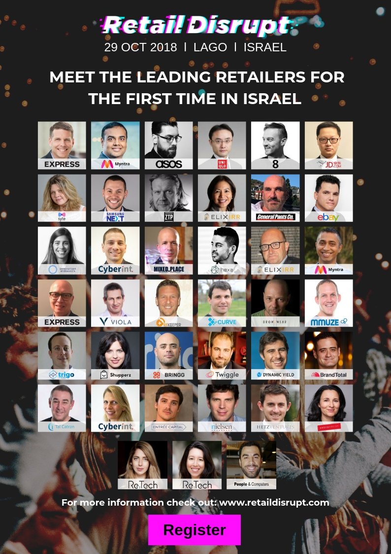 re_tech_io's tweet photo. Join us Oct 29 for #Israel's 1st #RetailDisrupt conference with @ASOS @JDOfficial @myntra @eBay @express &amp; others
Use the promo code RE35TECH to get 35% off: https://t.co/Z9aC5u3W45 https://t.co/4JNjZCFHPI