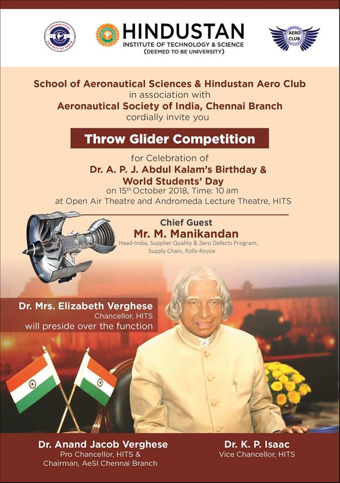#Invitation for 'Throw Glider Competition' on 15th October 2018 #GliderCompetition #HindustanAeroClub #AeronauticalSocietyofIndia #Hits #HindustanInstituteofTechnologyandScience