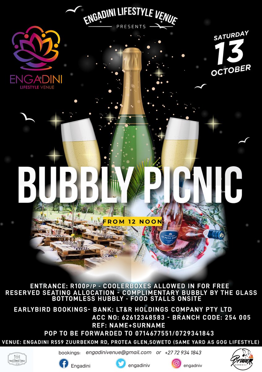 EngadiniV's tweet photo. Join us this #Saturday FOR the BUBBLY PICNIC in style 🍾🍾

#CompliemntaryBubbly  🥂
#ReservedSeating
#Coolerboxes Allowed in for free
#BottomlessHubbly 
#PicnicAndPool Vibes ⛱️
#LiveMusic 🎙️

ADDRESS: 
R559 Zuurbekom Rd, Protea Glen, Soweto (same yard as GOG Lifestyle) https://t.co/UTDxn5uJCX