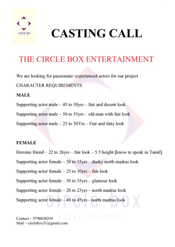 vbzu's tweet photo. Casting call: The #circlebox entertainment is looking for passionate / experienced actors for their project. Details below. @DONGLI_JUMBO https://t.co/VTrO7JrLPD