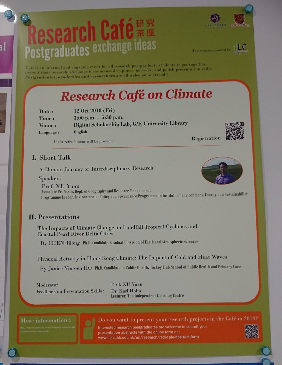 cuhklibresearch's tweet image. The 2 research students from Earth &amp;amp; Atmospheric Sciences and Public Health respectively, share their topics and fingings to the audiences. #researchcafe #CUHKLIBRARY