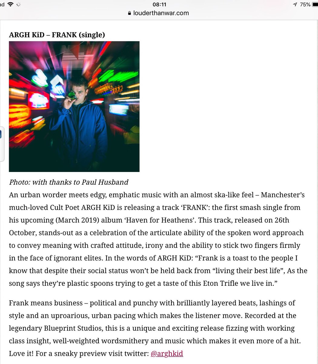 MrPeepsSays's tweet photo. Great to see @louderthanwar spitting out a few words on the Wonderful debut single from @arghkid  : Frank

The first in a long line of reviews I’m sure.

Not long to wait now..out and about from the 26th. https://t.co/eBNvCvch6q