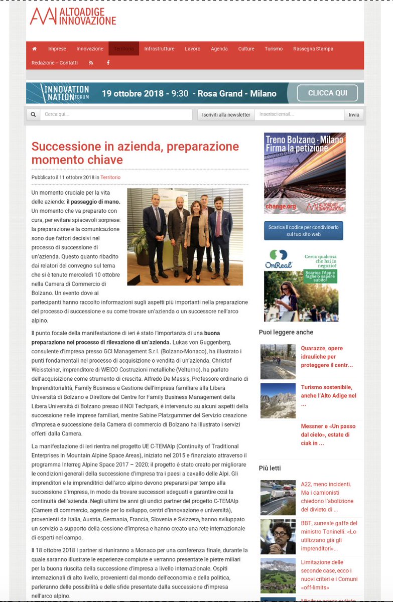 AlfredoDeMassis's tweet photo. Media impact of my speech to entrepreneurs &amp; policymakers on #familybusiness #succession. Let's put succession at core of growth strategy of #SouthTyrol, #Italy &amp; #Europe

#succession #familyfirms #NOITechpark #ReGeneration @CNA_org  @unibz_news @AIdAFitalia @LancasterManage https://t.co/MOGGNcLNYX
