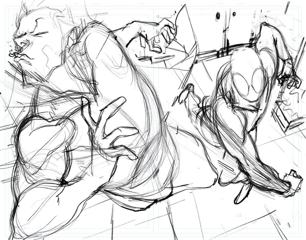 oliveira_bbruno's tweet photo. My (very loose) pencils for this #doublespread page from #scarletspider #25! #mephisto #spiderman #marvel #makecomics #procreate https://t.co/uvrFYcXsqz