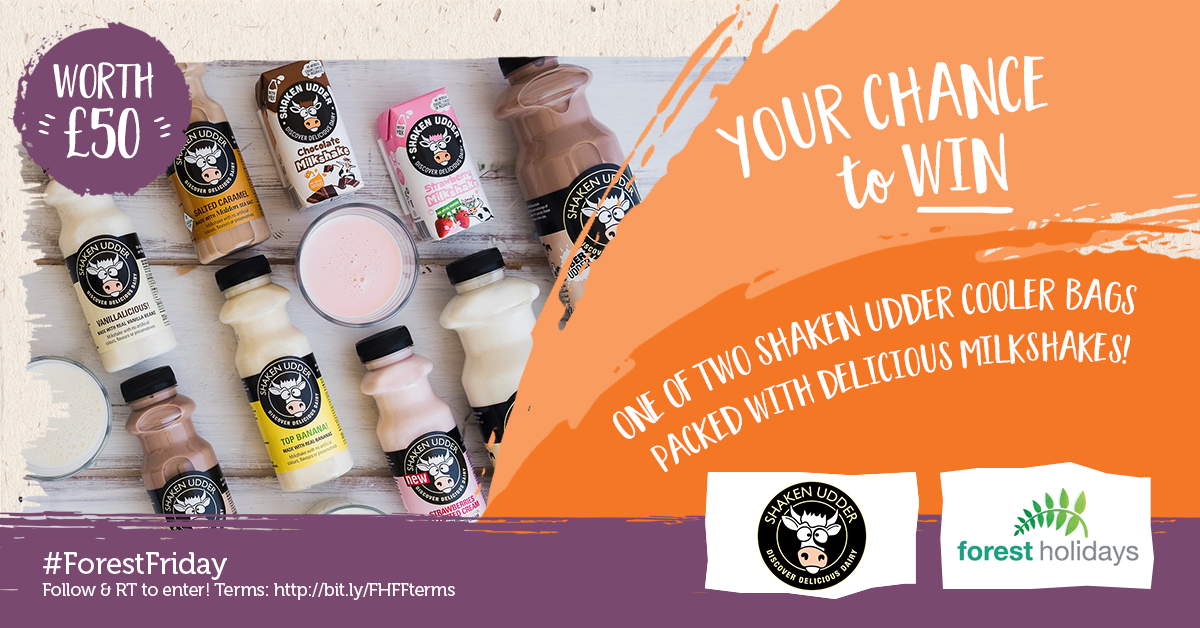 forestholidays's tweet photo. It's #ForestFriday #competition time! This week #follow and #retweet for your chance to #WIN one of two @shakenudder cooler bags packed full with delicious milkshakes! Ends 15/10/18. Terms: https://t.co/vdVnu5qDus. https://t.co/q89VZelZKv