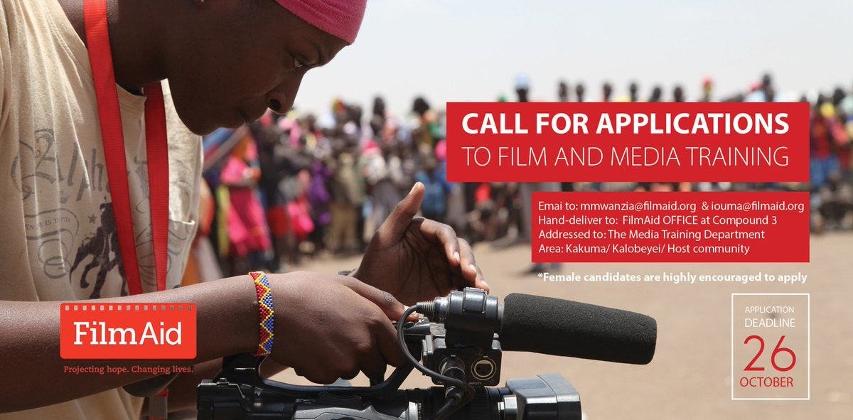 filmaidkenya's tweet photo. CALL FOR APPLICATIONS. We are currently recruiting Film &amp; Media Training students in #Kakuma.
Applicants should have a K.C.S.E certificate with a minimum grade of D plain or its equivalent from a recognised institution &amp; MUST be able to read &amp; write in English. 
#WithRefugees https://t.co/N31NTv3Rxv