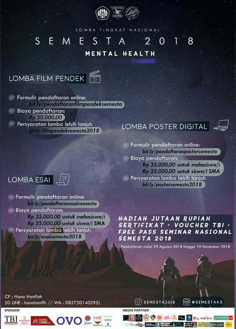 KampusUpdate's tweet photo. [OPEN REGISTRATION LOMBA SEMESTA 2018]
Greetings! Ada kabar bahagia untuk kamu para pelajar SMA sederajat dan mahasiswa! SEMESTA 2018 mengajak kalian semua untuk mengikuti kompetisi di tiga jenis lomba (essay, short movie, dan poster). Dengan hadiah total jutaan rupiah!
#KUMedPar https://t.co/IdKxxVYywZ