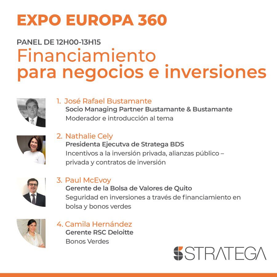 StrategaB's tweet photo. El día de hoy, @NathalieCely, nuestra presidenta ejecutiva, participará en el panel de Financiamiento para negocios e inversiones en #ExpoEuropa360. ¡Los esperamos! #LaDecisiónCorrecta #Stratega #BInvest https://t.co/zTFbHgXZTi