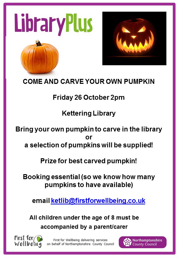 Library_Plus's tweet image. Pumpkin carving Friday 26 October 2pm #KetteringLibrary booking:
ketlib@firstforwellbeing.co.uk