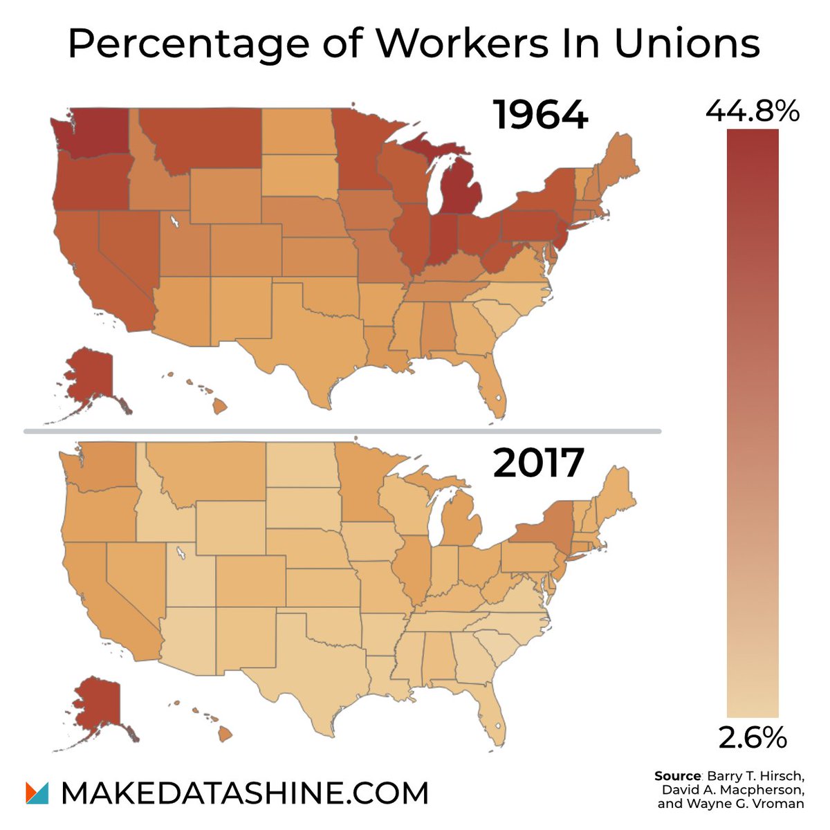 makedatashine's tweet photo. Union memberships in the US
Source: https://t.co/jojCaJ9RMb
#datage #makedatashine #dataisbeautiful #dataanalytics #datavisualization #dataviz #statistics #visualization #analytics #datascience #infographic #economy #company #business #job #work #unions #union #workers #map #us https://t.co/1I3hzI1IXw