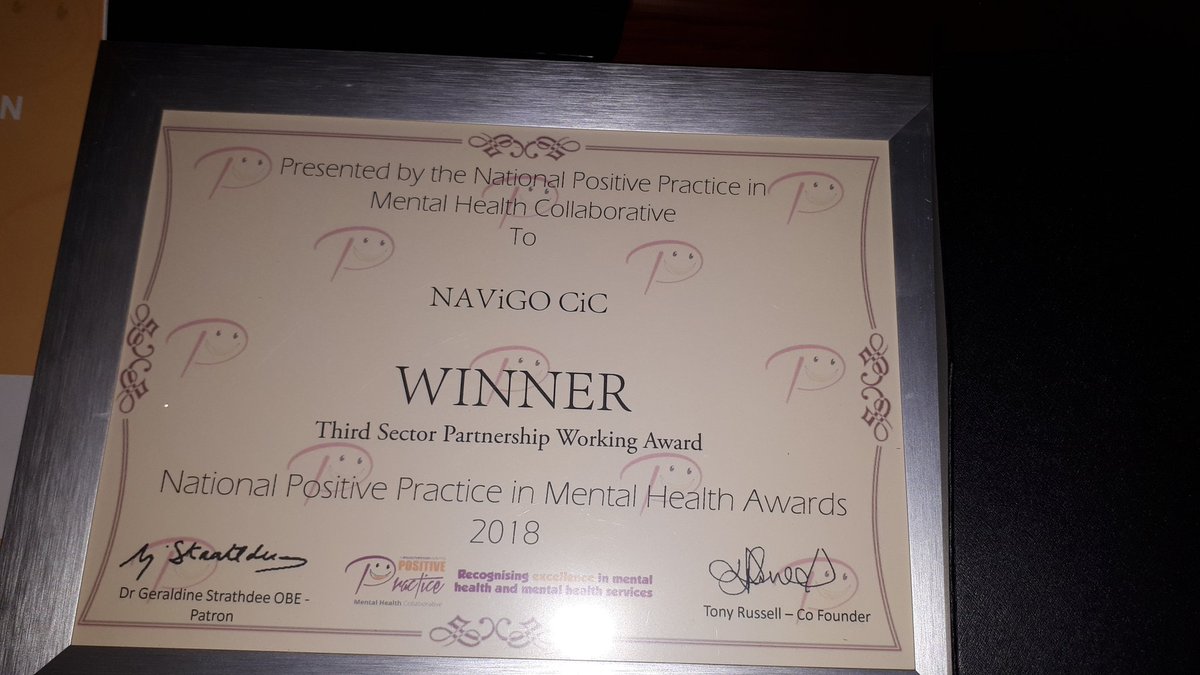 navigocare's tweet photo. Fantastic evening once again at @PositivePracti1 #MHAwards18 with all teams highly commended in their tough categories! 🎉Honour to share the stage with @MHM_Info & @Certitude - all awarded the 'Third Sector Working in Partnership' Award! #TeamNAViGO https://t.co/2n74AAJYW6