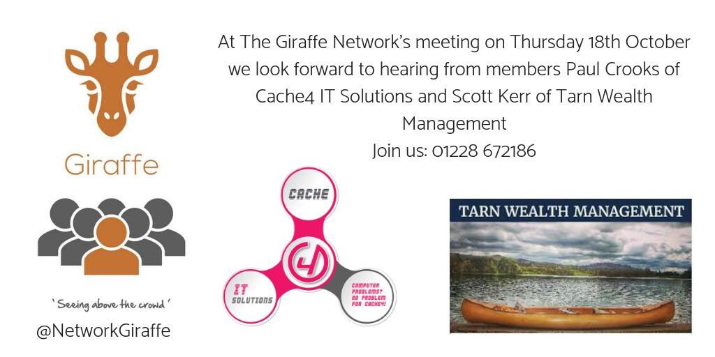 Join us Thursday 18th October - coffee served from 6.30am, meeting 7-8.15am. Speakers this week include members Paul Crooks <a href="/cache4it/">Cache4 IT Solutions</a> and Scott Kerr of Tarn Wealth Management #networking #carlisle