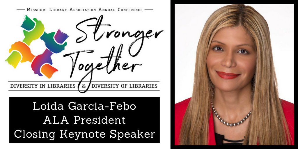 librarianbrandy's tweet photo. #ALAPresident @loidagarciafebo will be the closing keynote for @MOlibraries Annual Conference! See you in Windsor III at 12 p.m. Learn more about her inspiring work as an international librarian at https://t.co/duNAunjobS. #2018MLA @ALALibrary https://t.co/h408KM6v2V