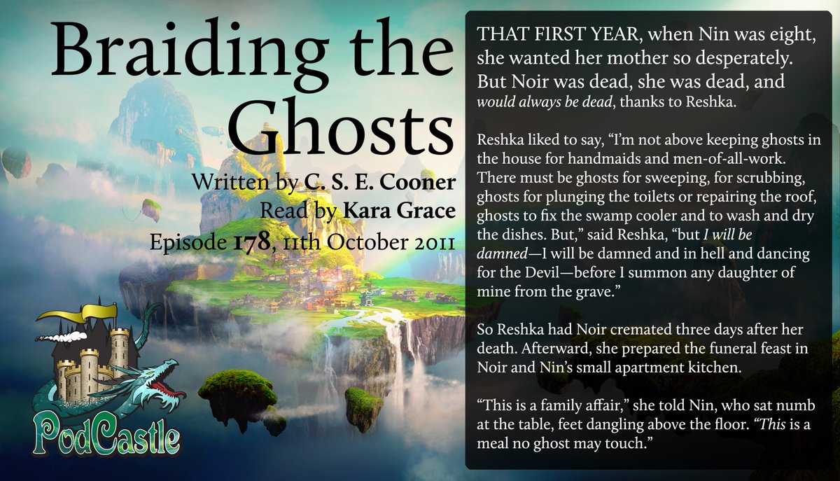 PodCastle_org's tweet photo. #ff this week is a giant episode from 2011, #pc178 "Braiding the Ghost" by @csecooney, read by @misterdarci. It was rated R (disturbing imagery and sex) and first published in @mythicdelirium's Clockwork Phoenix 3.
Go have a listen @ https://t.co/12oIFR71by https://t.co/7REmynx0wz