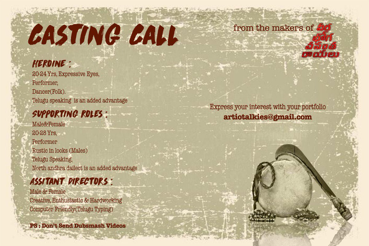 Casting call from the makers of #VeeraBhogaVasanthaRayalu for heroine, supporting roles and also for assistant directors. Express your interest with profile to artiotalkies@gmail.com