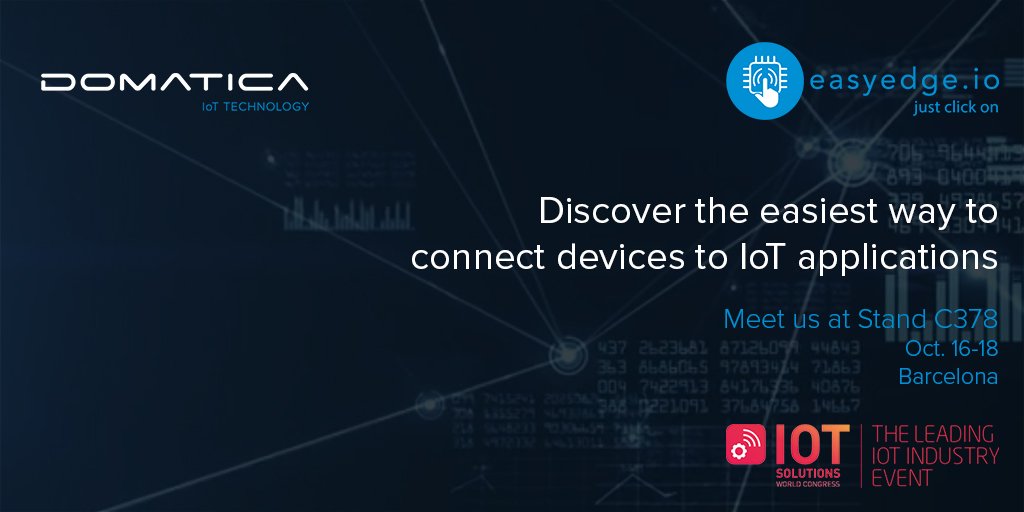 Domatica_IoT's tweet photo. Visit @DomaticaSA Stand C378 at #IoTSWC18 and find out how https://t.co/xnmh6UEB9L can help companies with the fast deployment of IoT solutions without having to write a single line of code.

https://t.co/reclJo21Hu

#IoTSWC18 #IoT #IIoT #edgecomputing #iotedge #easyedge https://t.co/KG2xQzugkU