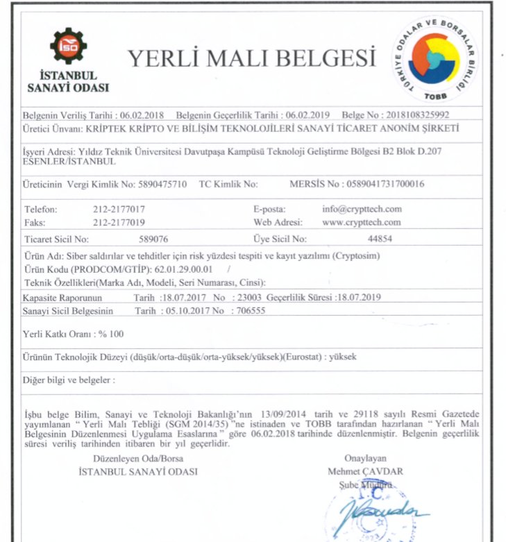 crypttech's tweet photo. Yerli ürünlerin tercih edilmesinin ülkemizin ekonomisine sağlayacağı katkı bilinciyle CRYPTOSIM, UNITMON, CRYPTOSPOT ve CRYPTOLOG ürünlerimize aldığımız yerli malı belgelerini gururla duyururuz.#yerliyazılım #milliyazılım #sibergüvenlik #cryptosim #unitmon #cryptospot #cryptolog https://t.co/MzE7UDXMMY