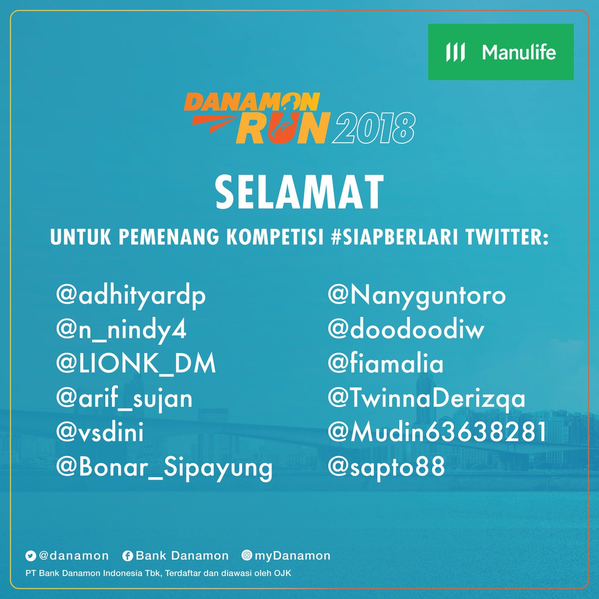 danamon's tweet photo. Terima kasih utk kamu yg berpartisipasi dlm kompetisi #SiapBerlari Danamon Run 2018.

Bagi para pemenang, kirimkan data diri berupa nama lengkap, alamat, no.HP, &amp; email, melalui Direct Message paling lambat 20 Okt 2018.
Sampai jumpa di Danamon Run 2018.

#SaatnyaTunjukkanFinishmu https://t.co/DE16Unslkd